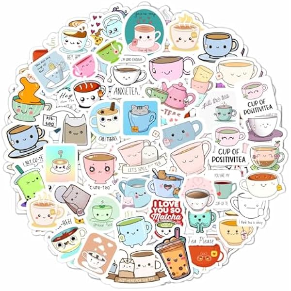 BulbaCraft Cute Tea Cup Stickers, Tea Stickers for Water Bottle and Laptop - Tea Cup Party Favors & Decorations, Waterproof Vinyl Drink Decals, Gifts for Women & Men