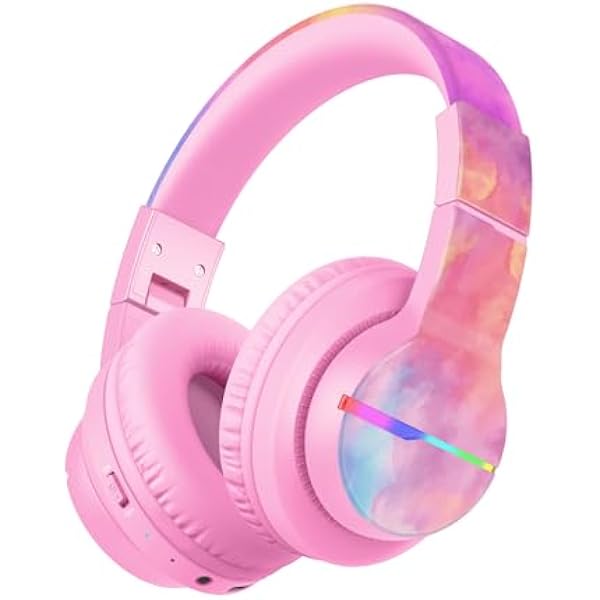 iClever BTH12 Kids Bluetooth Headphones,Colorful LED Lights,74/85dBA Safe Volume,85H Playtime,Fast Charging,Bluetooth 5.2,Over Ear Kids Headphones Wireles for iPad/Tablet/Airplane,Tie-dye Pink