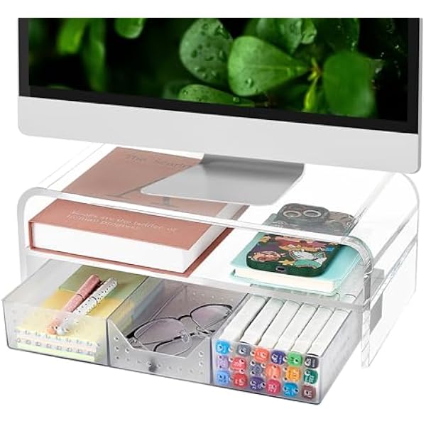 Acrylic Clear Desk Organizers and Accessories, 2-Tier Computer Monitor Stand Riser with Drawer, Laptop Stand, Office Desk Accessories for Office Supplies, Transparent