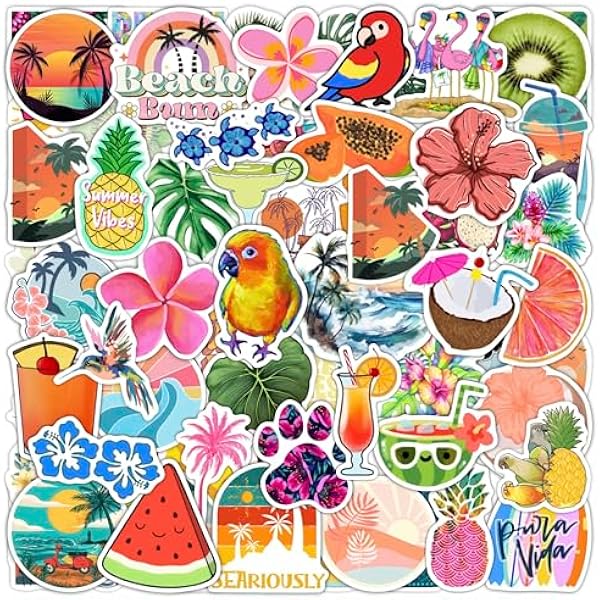 BulbaCraft Tropical Stickers, Beach Stickers for Water Bottle - Tropical Party Favors & Decorations, Waterproof Vinyl Hawaiian Decals, Aloha Decals, Gifts for Women & Men