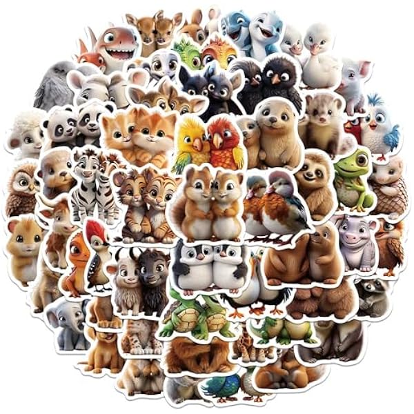 Cute Two Animals Stickers for Kids, Realistic Animals Stickers, 55Pcs Hapiuen Vinyl Waterproof Zoo Animals Sticker for Water Bottles, Laptop, Twins/Brothers/Sisters/Friends Animals