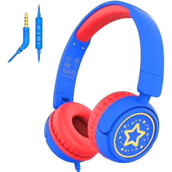Kids Headphones with Cord for School, 85/94dB Volume Limit Headphones for Kids, Portable Wired Headphone with Shareport, Stereo Sound Foldable Headset for School/Tablet/iPad/Kindle (Blue)
