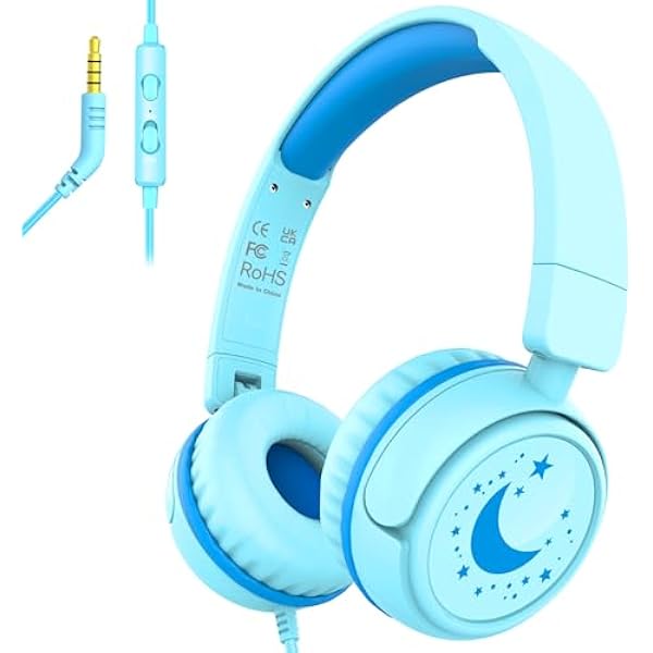 Kids Headphones with Cord for School, 85/94dB Volume Limit Headphones for Kids, Portable Wired Headphone with Shareport, Stereo Sound Foldable Headset for School/Tablet/iPad/Kindle (Cyan)
