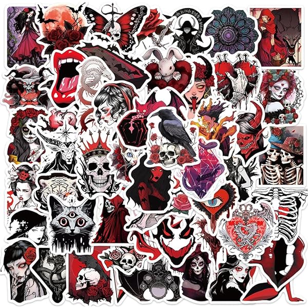 Yoksas Goth Horror Vampire Stickers - 50Pcs Gothic Red Skull Spooky Satanic Stickers for Scrapbook,Laptops,Water Bottles,Halloween Party Supplies,Helmets,Bumper