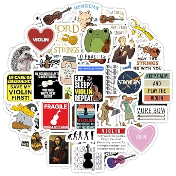 BulbaCraft 100Pcs Violin Stickers for Water Bottle and Laptop - Violin Party Favors & Decorations, Waterproof Vinyl Decals, Music and Instrument Stickers, Gifts for Women & Men