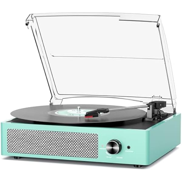 Record Player for Vinyl with 2 Build-in Speakers LP Vinyl Players Belt-Driven Vintage Turntables 3 Speed 3 Size, Wireless Bluetooth Playback, AUX-in, RCA Out, Headphone, Auto Stop,Water Blue