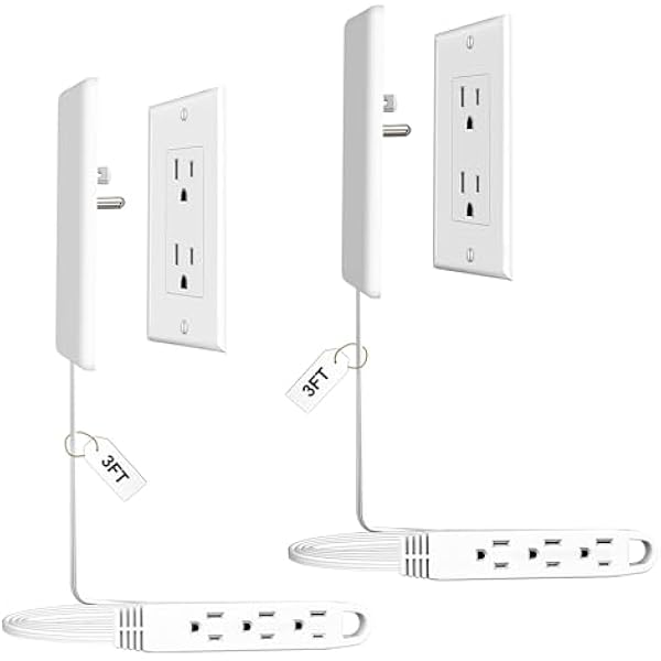 2 Pack 3FT Flat Plug Extension Cord Power Strip with 3 Outlets, Patented Detachable Ultra-Thin Outlet Cover Concealer & Ultra-Flat Plug, Max. 13A 125V 1625W ETL Listed, White Color