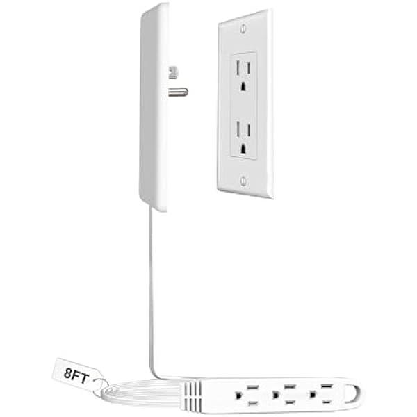 8FT Ultra Flat Plug Extension Cord Power Strip with 3 Outlets, Patented Detachable Ultra-Thin Outlet Cover Concealer & Ultra-Flat Plug, Max. 13A 125V 1625W ETL Listed, White Color