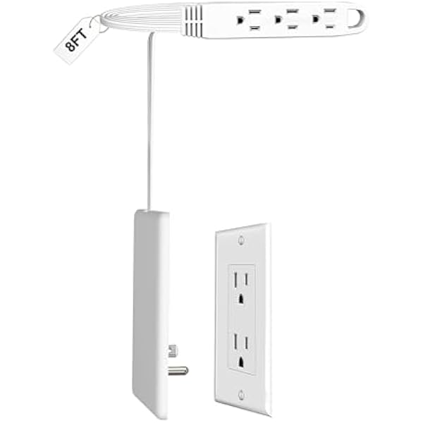 8FT Ultra Flat Plug Extension Cord Power Strip with 3 Outlets, Patented Detachable Ultra-Thin Outlet Cover Concealer & Ultra-Flat Plug, Max. 13A 125V 1625W ETL Listed, White Color