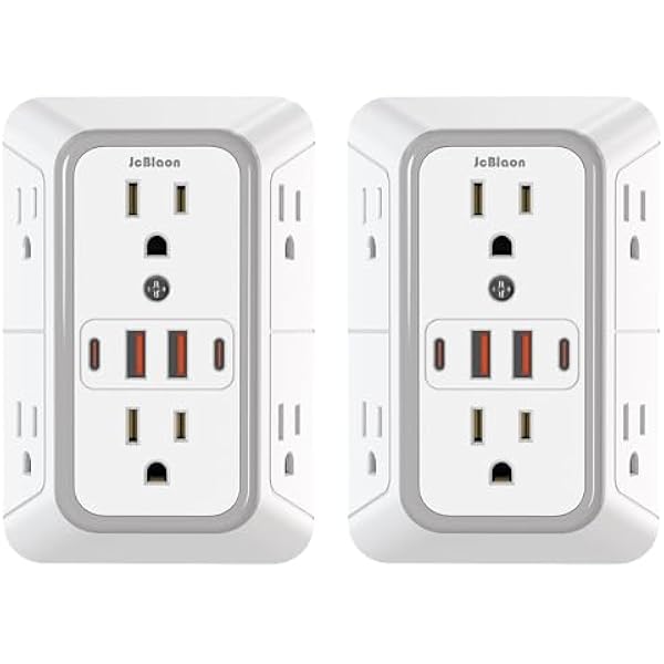 2 Pack Outlet Extender Surge Protector, 6 Outlet Splitter with 4 USB Outlet (2 USB A,2 USB C), 3Sided Power Strip with Adapter Spaced Outlets for Home, Office, Travel(White)