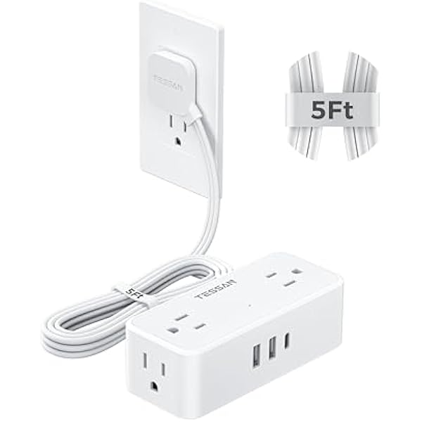 TESSAN 5 FT White Extension Cord, 900J Surge Protector Small Power Strip with 3 USB Ports (1 USB C), Flat Plug Power Strip, Mini Charging Station Suitable for Home Office Dorm