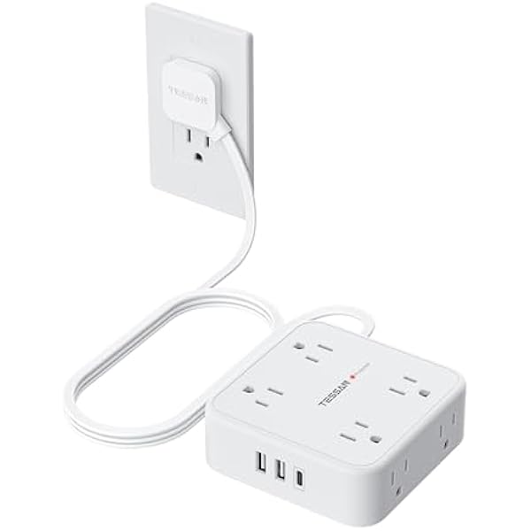 TESSAN Flat Plug Extension Cord, 5 Ft Surge Protector Power Strip with 3 USB (1 USB C) 8 Outlets, 900J Surge Protection, 3 Sided Outlet Extender with Power Switch for Dorm Room Essentials, White