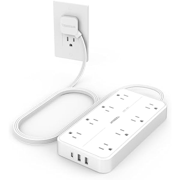 Power Strip with Surge Protection, TESSAN Flat Plug Extension Cord with 8 Outlets 3 USB Ports(1 USB C), 1080 Joules, 6 Ft, Wall-Mounted Charging Station for Apartment Office Dorm Room Essentials