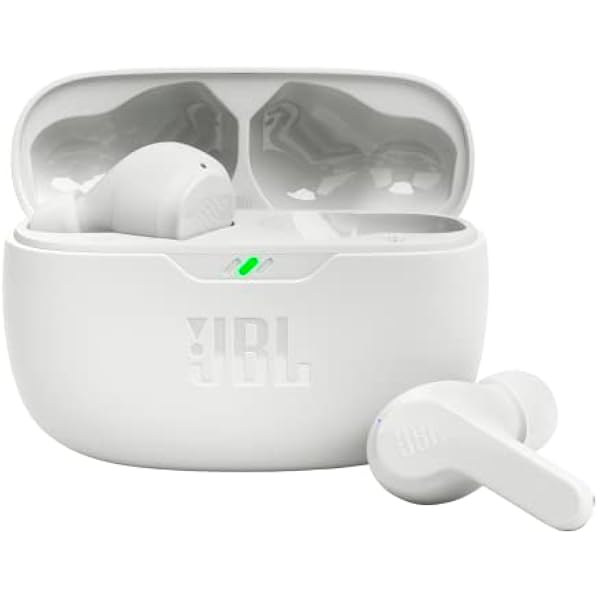 JBL Vibe Beam - True Wireless JBL Deep Bass Sound Earbuds, Bluetooth 5.2, Water & Dust Resistant, Hands-free call with VoiceAware, Up to 32 hours of battery life (White)