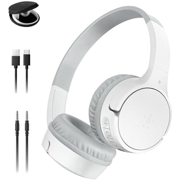 Belkin SoundForm Mini Kids Wireless Headphones w/Built-in Microphone, 30H of Playback Time, Fun Stickers, & Case - Over-Ear Headsets for Online Learning, School, iPhone, iPad, Galaxy, & More - White