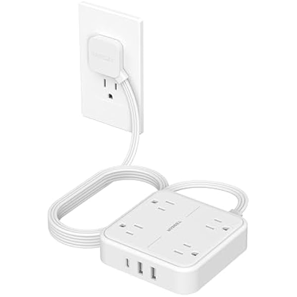 Surge Protector Flat Extension Cord 10FT, TESSAN Flat Plug Power Strip with 4 Outlets 3 USB Ports (1 USB C), 900 Joules Protection, Multiple Wall Outlet Extender Suitable for Home Office Dorm, White