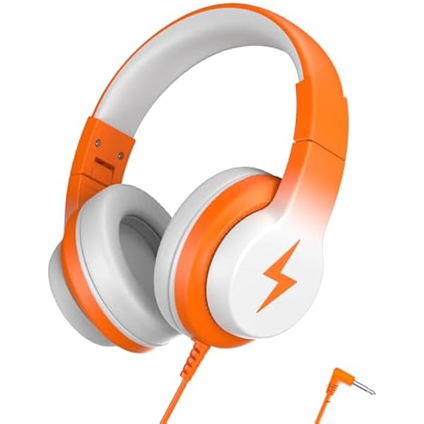Kids Headphones, Wired Headphones for Kids Over Ear with Microphone, 85/94dB Volume Limiter Headphone for Girls Boys, Foldable Headphone for Learning & Entertainment, White and Orange