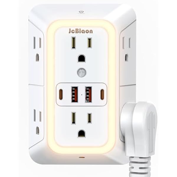 Wall Outlet Extender with Night Light, Power Plug Adapter Multi Plug Outlet Surge Protector with 4 USB Charging Ports (2 USB C), Adapter Spaced Outlets for Home Travel Office