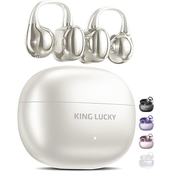 King Lucky Clip on Earbuds Open Ear Wireless Bluetooth 5.4 Headphones with Mic,50H Play,Noise Cancelling,Waterproof,Sports Ear Buds,Comfortable for Small Ears & Glasses Wearers,Workouts (Pearl White)