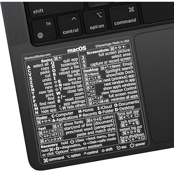 Synerlogic (2pcs) Mac OS Shortcuts Sticker | Keyboard Stickers for macOS | No-Residue Laminated Vinyl MacBook Cheatsheet for Laptop | MacBook Shortcuts 2025 (Leopard/2pk)