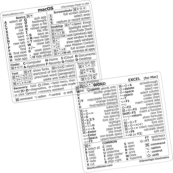 SYNERLOGIC Mac OS (M/Intel) + Word/Excel (for Mac) Quick Reference Keyboard Shortcut Stickers - for MacBook Air/Pro/iMac/Mac/Mini (Clear, Pack of 2 Sets)