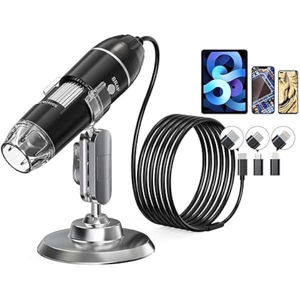 USB Digital Microscope, 50x-1600x Magnification Handheld, 1440P HD 8 LED Lights, Portable Pocket, Compatible with iOS and Android Devices, 2MP Magnifier Microscopes Camera (321P with Stand)