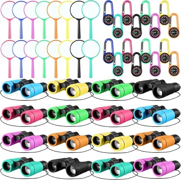 Hiboom 8 Set Kids Binoculars Bulk Shockproof Folding Children Mini Compact Binoculars Compass Magnifying Glass for 3-12 Years Boys Girls Kids Bird Watching Camping Outdoor Play