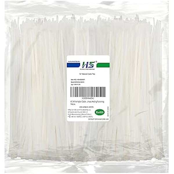 HS White Nylon Cable Ties 12 Inch Zip Ties (1000 Pack) 50 LBS Heavy Duty Clear Zip Ties 12in Plastic Ties Straps for Electrical,Christmas,Weding Fastening