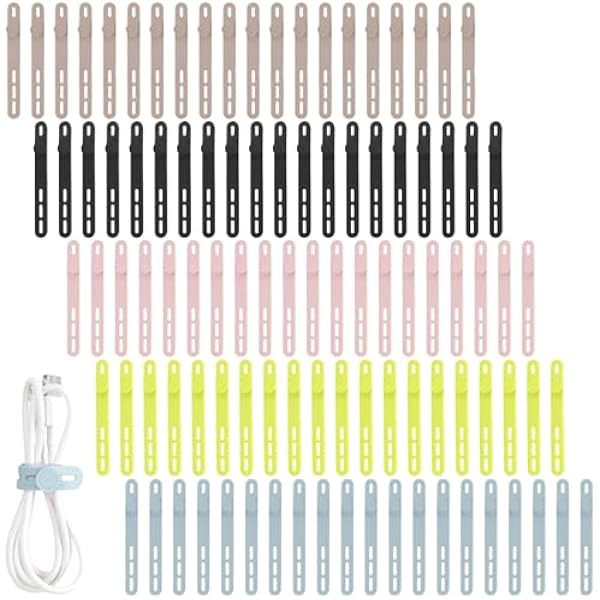 Oligei 100 Pcs Silicone Cable Ties, Cable Ties Reusable, High Elasticity Cord Wraps for Electrical Cords, Cord Organizer for Earphone, Phone Charger(Colorful)
