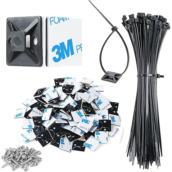 XHF 3/4" Strong Back-Glue Self Adhesive Black Cable Zip Tie Mounts 100pcs with 8" Zip Ties, Screws, UV Protection Outdoor Sticky Wire Fasteners Cable Clips Management Anchors Organizer Holders Squares