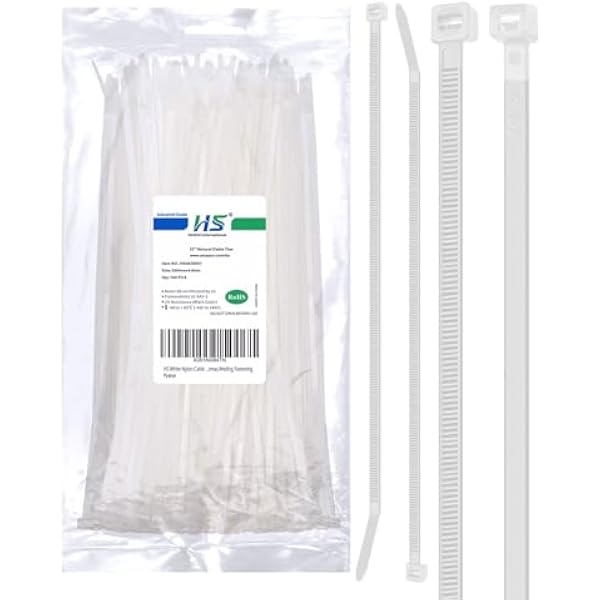 HS Long Zip Ties 12 Inch Clear 0.19" Nylon Cable Ties Heavy Duty 50 Lbs Strength Strong for Privacy Fence Outdoor,Electrical Plastic Tie Straps Weather Resistant 100 Pcs White