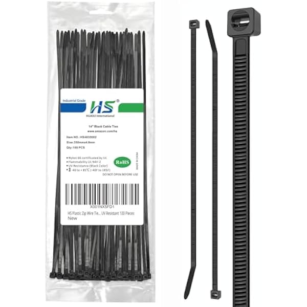 HS 14 Inch Plastic Wire Zip Ties UV Resistant for Fencing Camping Outdoor Purpose 100pcs,50 LBS Strength Heavy Duty Long Cable Tie Wraps 14" Black