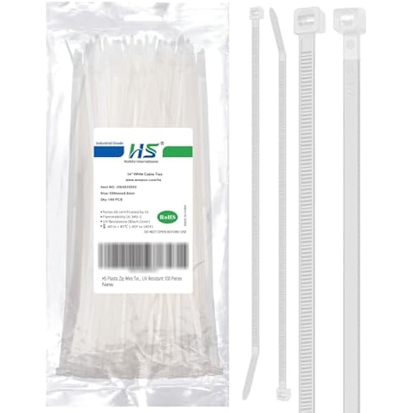 HS 14 Inch Zip Ties White 50 Pounds Tensile Strength Wide Straps (100 Pack) Nylon PA66,Self-Locking Long Electrical Plastic Cable Wire Zipties for Outdoor Use,Multi Purpose