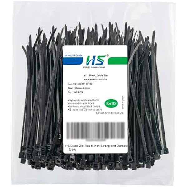 HS 6 Inch Zip Ties Black 18 Lbs Tensile Strength Thin Straps (100 Pack) Nylon PA66 UV Resistant,Self-Locking Small Electrical Plastic Cable Wire Zipties for Outdoor Indoor Use,Multi Purpose