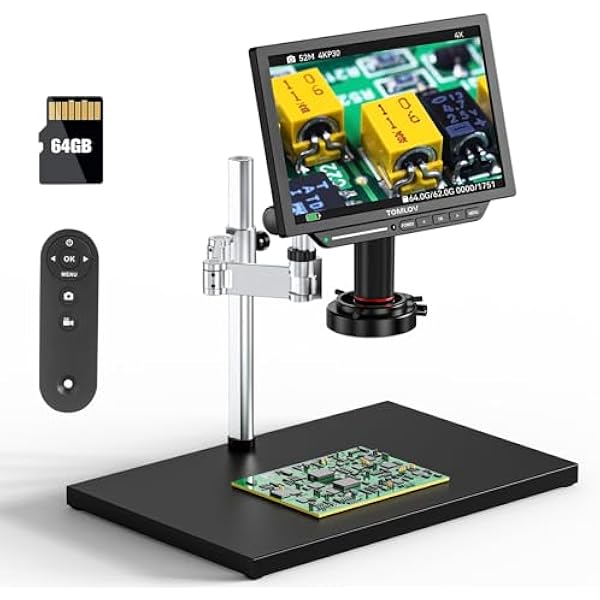 TOMLOV TM4K Max 4K Digital Microscope 2000x, 52MP Spin Arm Soldering Microscope for Adults, 10.1" HDMI Electronics Repair Microscopes with Ring Light, Larger Base LCD Coin Microscopes Full View, 64GB