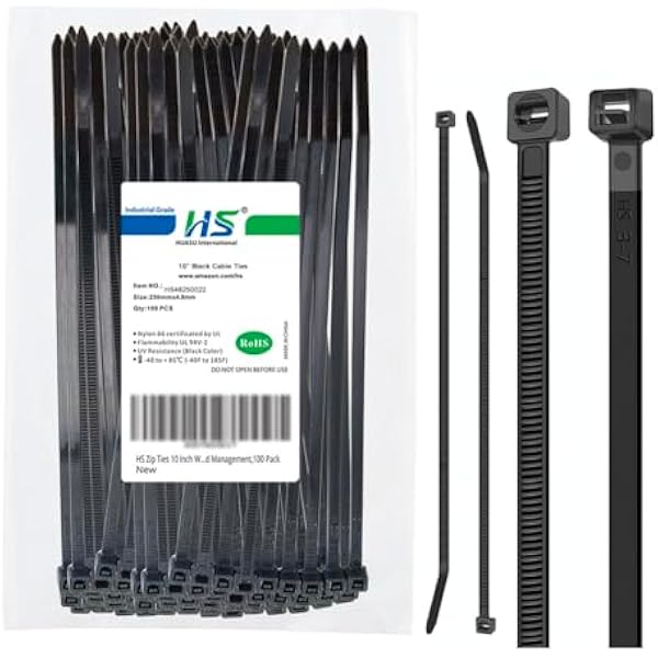 HS 10 Inch Zip Ties Black 50 Pounds Tensile Strength Strong Wide Straps (100 Pack) Nylon PA66 UV Resistant,Self-Locking Medium Electrical Plastic Cable Wire Zipties for Outdoor Use,Multi Purpose