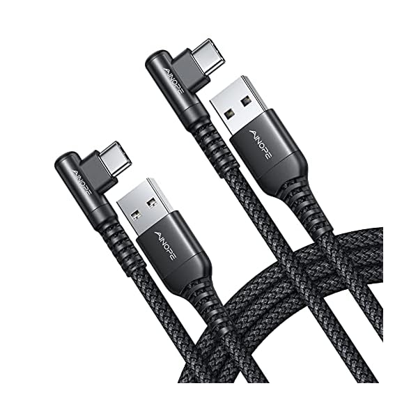 AINOPE USB C Cable Right Angle (2-Pack, 10ft+10ft) 3.1A Type C Charger Fast Charging, Resistant Nylon Braided USB A to USB C Charger Cable (Black)