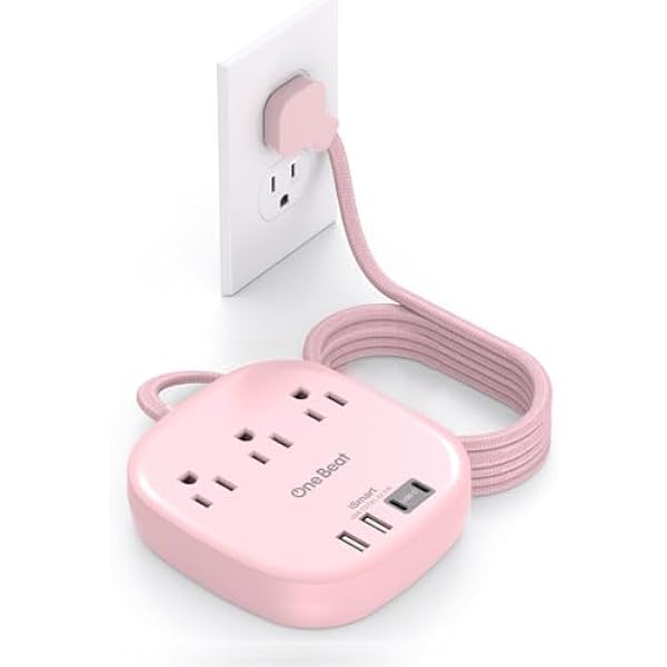 10Ft Flat Plug Power Strip, Pink Flat Extension Cord - 3 Outlets 4 USB Ports (2 USB C) Desktop Charging Station, Cruise Ship Power Strip with No Surge Protection for Travel, Dorm Room Essentials