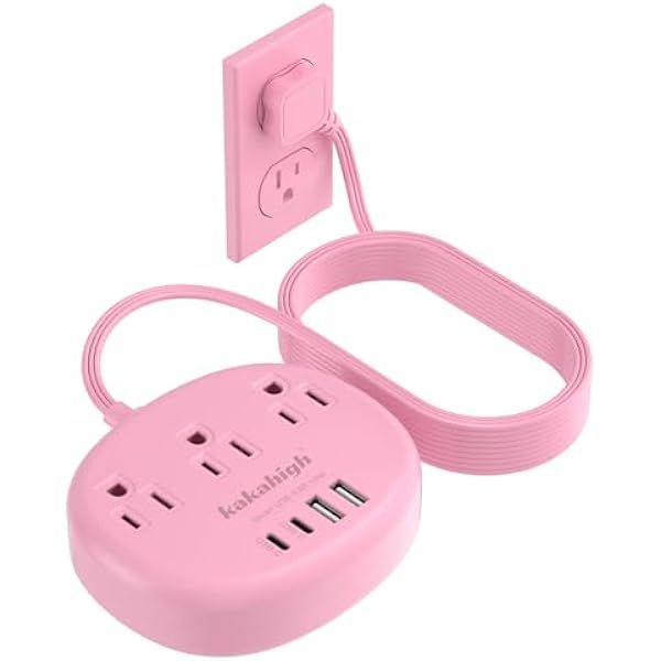 Pink Extension Cord - 10 FT Flat Extension Cord, 1625W Cute Extension Cord with 3 AC Outlet 4 USB (24W/4.8A), Compact for Cute Pink Kawaii Desk Home Essentials