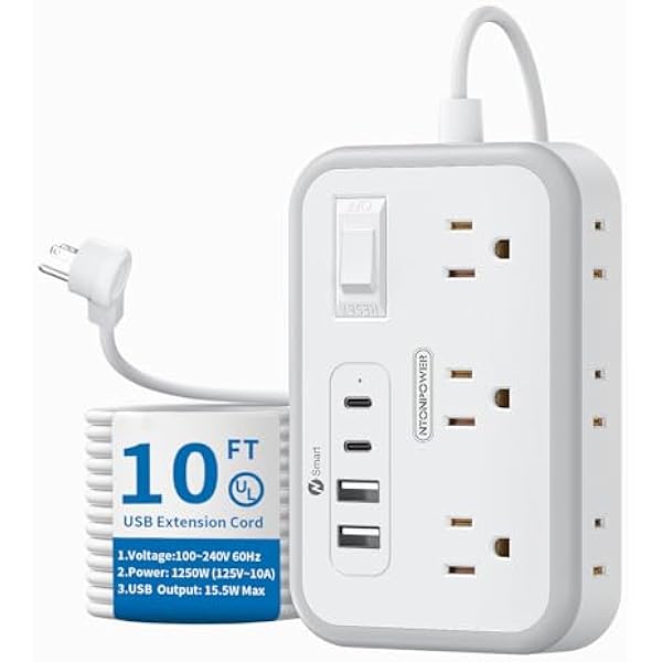 Surge Protector Power Strip 10 ft, Flat Plug Extension Cord with 6 Outlets 4 USB Ports, Outlet Extender Long Cord, Overload Protection, Extension Cord with Multiple Outlets for Indoor, Home, Office