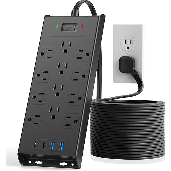 Surge Protector Power Strip 4800J, LeZone 10Ft Long Extension Cord Flat Plug, 12 Outlets 2 USB C 2 USB Ports, Wall Mountable, 20W Desk Charging Station, Black