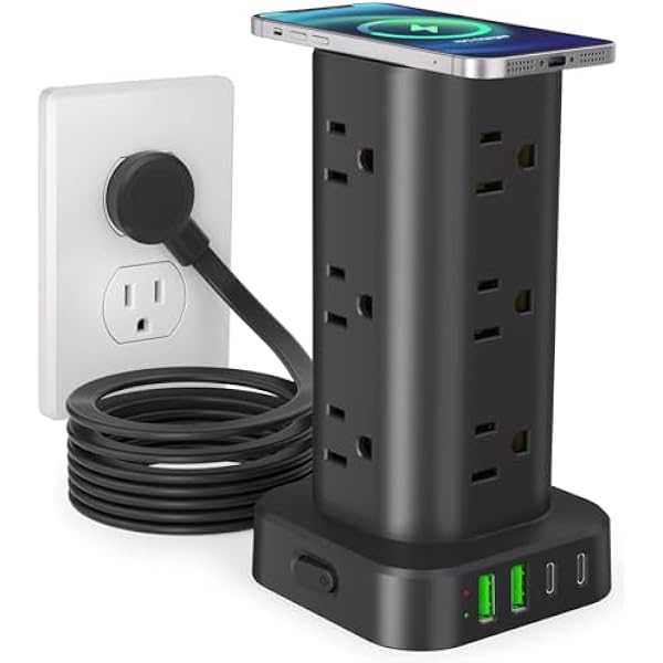 Power Strip Tower with Wireless Charger, Flat Plug Surge Protector Tower with 10FT Extension Cord, 12 AC Multiple Outlets, 4 USB (2 USB C),15W Wireless Charging Power Tower for Home Office Dorm, Black