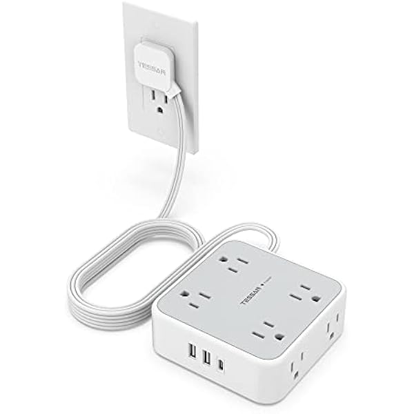 TESSAN Power Strip Surge Protector 10 Ft Cord, 8 AC Outlets, 3 USB Charger(1 USB C Port), Ultra Thin Extension Cord, Flat Plug, 900 Joules Protection, Desk Charging Station for Home, Office