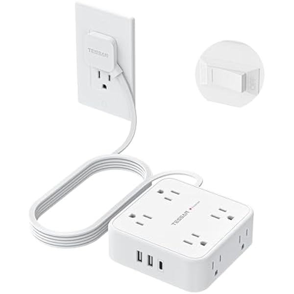 TESSAN 10 Ft Flat Plug Extension Cord with Multiple Outlets, Surge Protector Power Strip with 3 USB(1 USB C) 8 Outlets, 900J Protection, Desk Charging Station for Home, Dorm Room Essentials, White