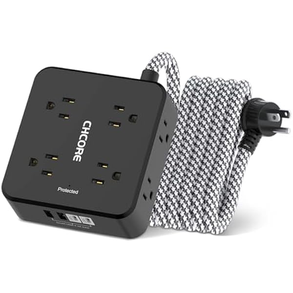 Surge Protector Power Strip - CHCORE 10Ft Braided Extension Cord with 8 Outlets with 4 USB (2 USB C) Charging Ports, Flat Plug Multi Plug Outlet Extender Charging Station for Home Office, ETL, Black