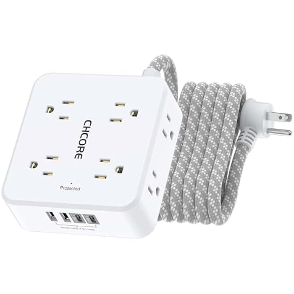 Surge Protector Power Strip - CHCORE 10 Ft Braided Extension Cord with 8 Outlets with 4 USB (2 USB C) Charging Ports, Flat Plug Multi Plug Outlet Extender Charging Station for Home Office, ETL, White