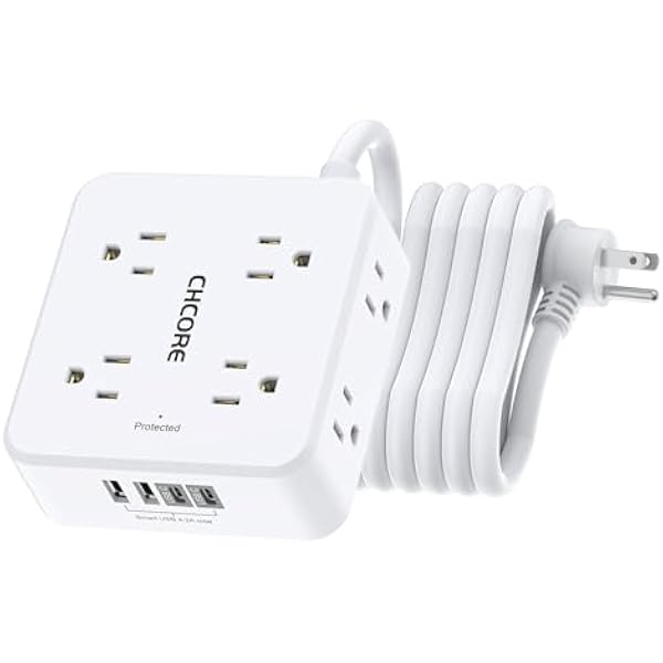 10Ft Surge Protector Power Strip - CHCORE Flat Plug Extension Cord with 8 Outlets and 4 USB Ports(2 USB C), 3 Side Wall Mount Outlet Extender for Home Dorm Room Essentials, ETL Listed, White