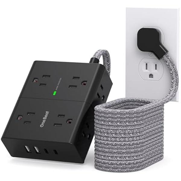 10Ft Extension Cord with Multiple Outlets, Flat Plug Power Strip Surge Protector 10 Ft Long Cord, 8 Outlet 4 USB Ports (2 USB C), Multi Outlet Wall Plug for Office, College Dorm Essentials - Black