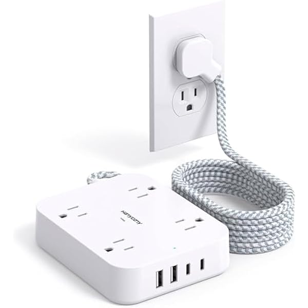 Surge Protector Power Strip 10 Ft Cord, HANYCONY Extension Cord with 4 USB Ports(2 USB C), Desk Power Strip with Long Cord, Flat Plug, Wall Mount for Office Home College Dorm Room Essentials