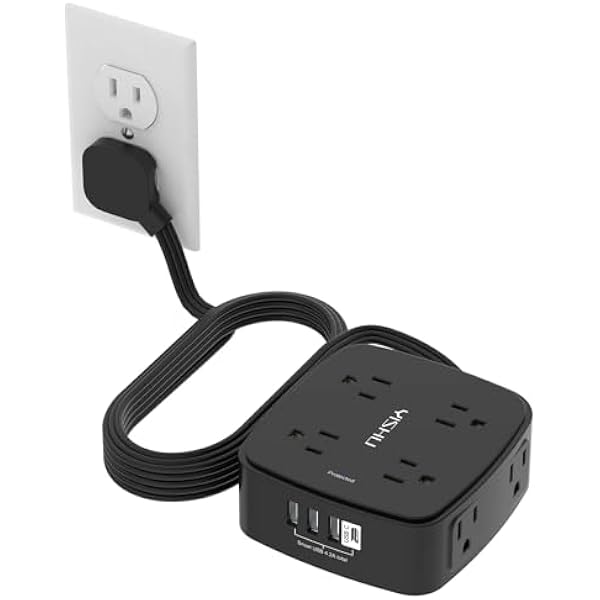 10 Ft Surge Protector Power Strip - YISHU 8 Widely Outlets with 4 USB Ports, 3 Side Outlet Extender with 10 Feet Flat Extension Cord, Ultra Flat Plug, Wall Mount, Desk USB Charging Station, ETL, Black